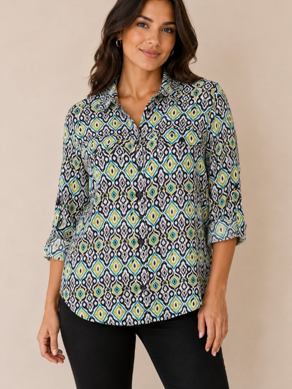 Jones New York Signature Woman 2X Geometric Print Button Front Blouse Plus Size